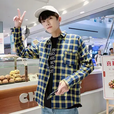 Men Long Sleeve Plaid Shirt Jacket Autumn Hong Kong Style