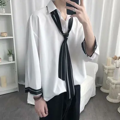 Men's Grey Korean Style Long Sleeve Shirt with Tie
