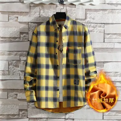 Men Fleece Plaid Shirt Black Yellow Long Sleeve