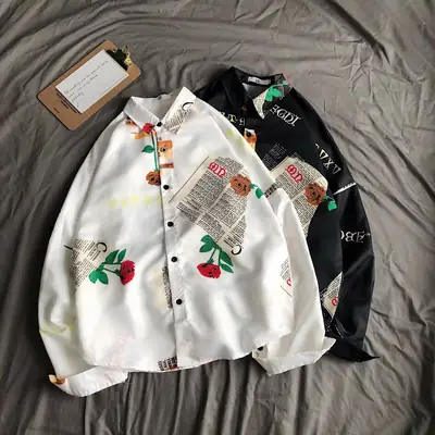 Men's Black Printed Long Sleeve Shirt 2020 Summer