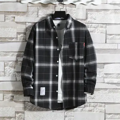 Men's Long Sleeve Plaid Shirt Coat Hong Kong Style 2020