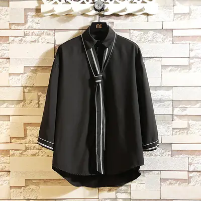 Japanese Style Tie Front Loose Sleeve Shirt Cream Large