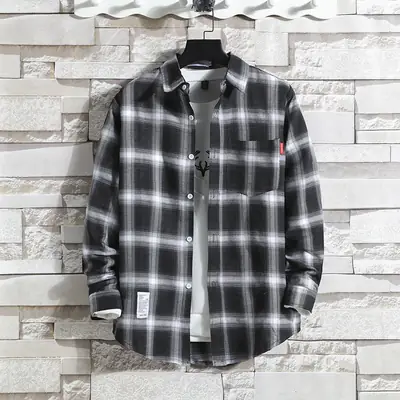 Men's Plaid Long Sleeve Shirt Black Grey