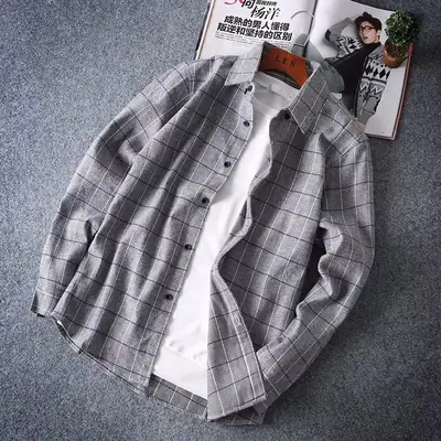 Men's Plaid Long Sleeve Shirt Gray Check Korean Style