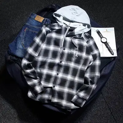 Men's Plaid Hooded Shirt Korean Style Spring Autumn