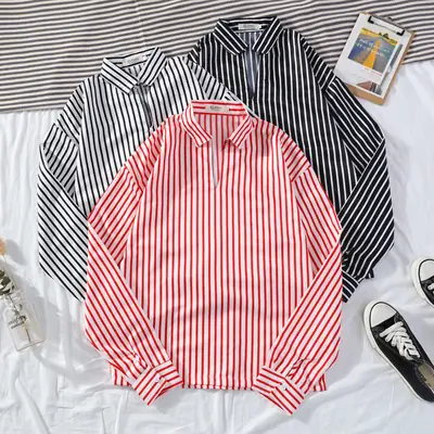 2020 Spring Men Striped Slim Fit Shirt Black White