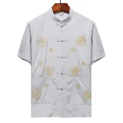 Chinese Embroidered Dad Suit Dark Blue Short Sleeve