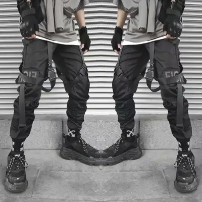 Men's Dark Multi-Pocket Hip-Hop Pants with Ribbon Detail