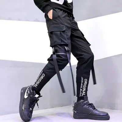 Men Embroidered Foot Pants Black Hip-Hop Style