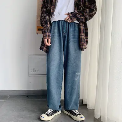 Men Wide Leg Blue Denim Pants Spring Autumn Loose Fit