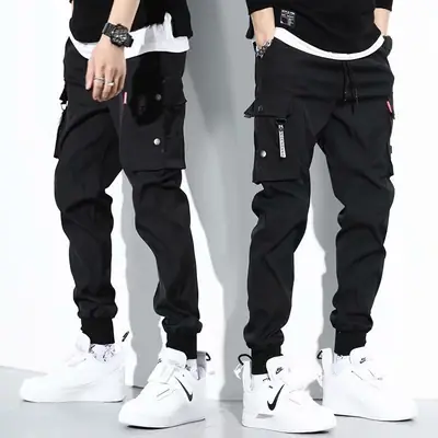 Men's Black Hidden Ankle-Tied Sports Pants Loose Straight