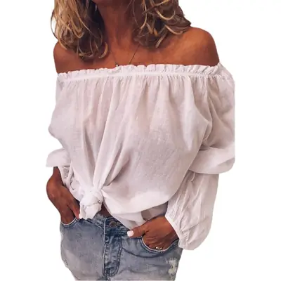 2026 Off-Shoulder Elastic Ruched Cotton-Linen Shirt Women