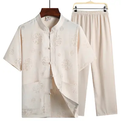 Men Linen Tang Suit Light Blue Retro Print