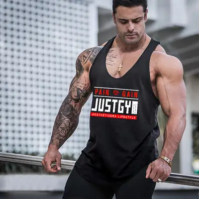 Men's Black Jersey Sports Vest Large I-Back Sleeveless T-Shirt