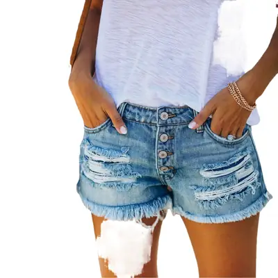 Women Ripped Tassel Denim Shorts Heart Patch 2023