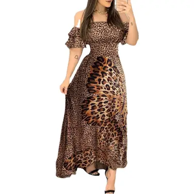 Off-Shoulder Leopard Print Evening Dress Large