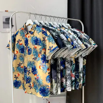 Hawaiian Printed Short Sleeve Shirt Blue Floral Men Women