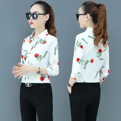 2025 Women's Pink Printed Chiffon Blouse Long Sleeve