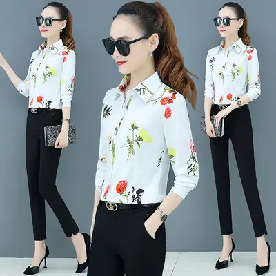 New Spring Printed Women's Long Sleeve Chiffon Shirts Pink Floral