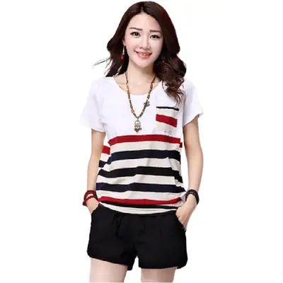 Women Striped Patchwork T-Shirt 2025 Summer Loose Plus Size