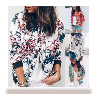 Women Floral Printed Zipper Jacket Green Long Sleeve