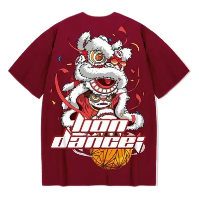 2020 New Arrival Chinese Style Printed T-Shirt Maroon Loose Large