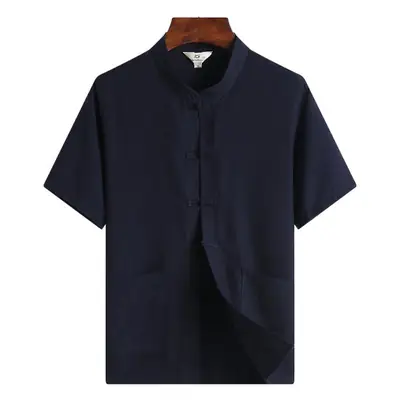 Men Linen Short Sleeve Suit Light Blue Button Front