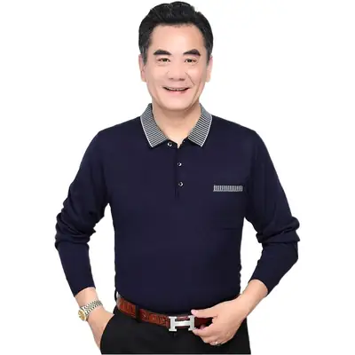 Men Navy Blue Long Sleeve T-Shirt with Real Pocket