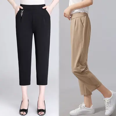 Women Cropped Pants with Metal Embellishments Solid Color