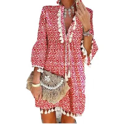 New European Women's Petal Sleeve Dress with Tassels