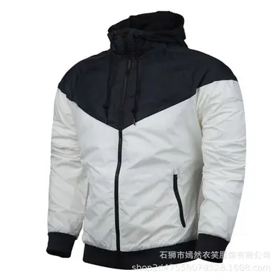 Men's Black White Grey Hooded Windbreaker Jacket
