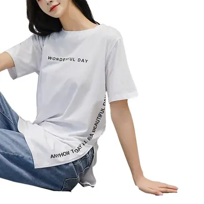 Women White Letter Print Short Sleeve T-Shirt Mid Length
