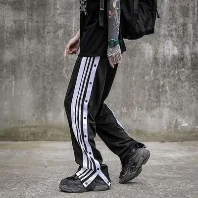 Men Black Track Pants with White Stripes & Buckles