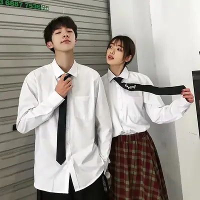 Men White Tie Shirt Long Sleeve College Suit Top