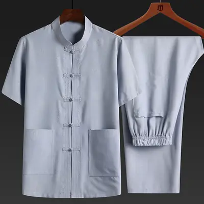 Men Cotton Linen Chinese Style Suit White Short Sleeve