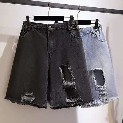 Plus Size Ripped Denim Shorts Black & Light Blue