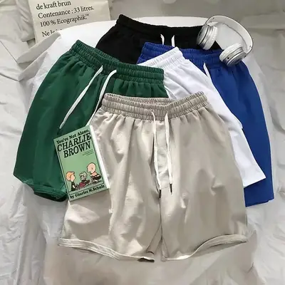 Men's Blue Solid Shorts Korean Style Loose Fit Mid-Length