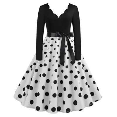 Black Polka Dot V-Neck Long Sleeve Dress