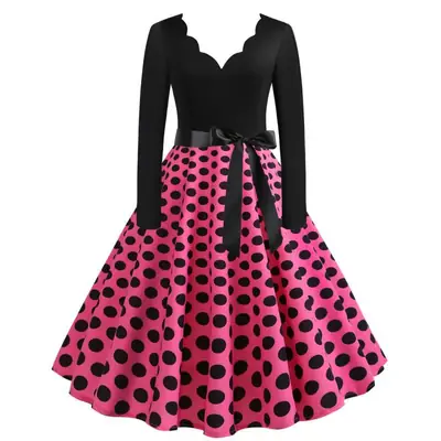 Pink Polka Dot V-Neck Long Sleeve Dress