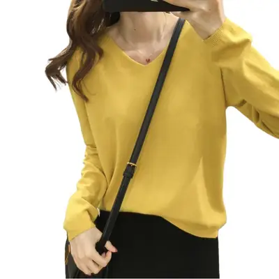 Women's V-neck Knit Sweater Long Sleeve Solid Color
