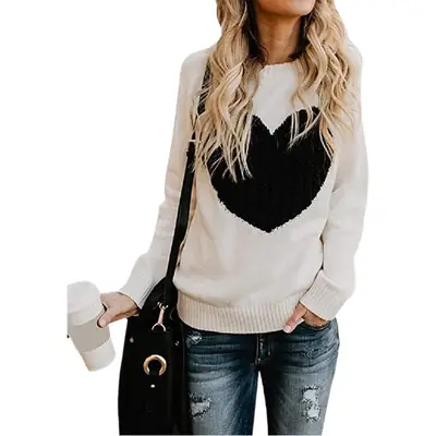 Women Heart Knitted Pullover Sweater Black Long Sleeve