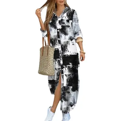 Blue Printed Long Sleeve Shirt with Skirt Design