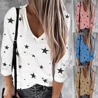 Women Star Print V Neck Long Sleeve T-Shirt White