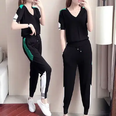 Women's 2-Piece Sports Suit Black Green V-Neck Ankle Pants
