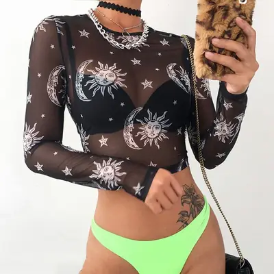 Women's Star & Moon Print Mesh T-Shirt Short Top