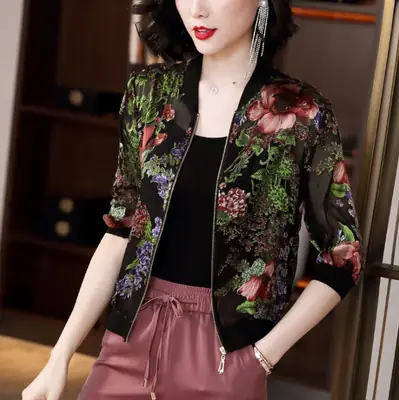 Women Korean-style Chiffon Jacket Red White Zipper Long Sleeve