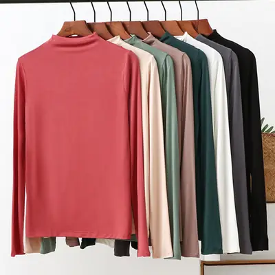 Women Half-High Collar Long Sleeve T-Shirt Beige 2021