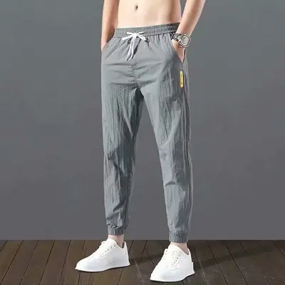 Men Grey Ice Silk Jogger Pants Large Casual Sports Wear