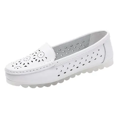 White Women's Flat Leather Bean Shoes with Soft Beef Sole