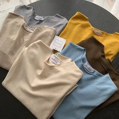 Women Long Sleeve Knit T-Shirt Solid Color Rolled Collar
